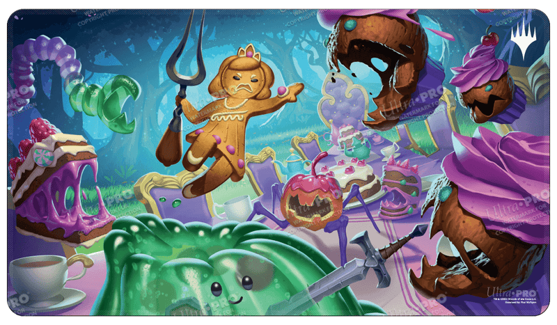 Ultra Pro Playmat - Wilds of Eldraine - Food Fight - Colorful rectangular playmat featuring fantasy-themed desserts and creatures with vibrant purples, greens, and blues.