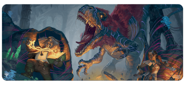 Ultra Pro: Magic: The Gathering: The Lost Caverns of Ixalan: Dinosaur and Quintorius Kand: 6ft Table Playmat - 6ft rectangular playmat featuring vibrant dinosaur battle scene with explorers and dense jungle background.
