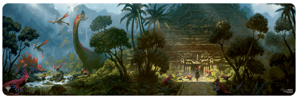 Ultra Pro: Magic: The Gathering: The Lost Caverns of Ixalan: Dinosaur Temple: 8ft Table Playmat - 8ft rectangular playmat with vibrant jungle scene, featuring dinosaurs, lush greenery, and ancient temple ruins.