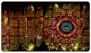 Ultra Pro Holofoil Playmat for Magic: The Gathering: The Lost Caverns of Ixalan : Ruins Symbol - Rectangular playmat featuring a detailed brown stone wall with glowing green runes and a large blue and pink circular ruins.