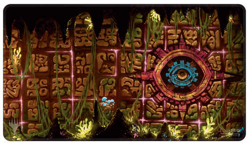 Ultra Pro Holofoil Playmat for Magic: The Gathering: The Lost Caverns of Ixalan : Ruins Symbol - Rectangular playmat featuring a detailed brown stone wall with glowing green runes and a large blue and pink circular ruins.