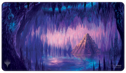 Ultra Pro White Stitched Playmat for Magic: The Gathering: The Lost Caverns of Ixalan : Cavern of Souls - Rectangular playmat with a dark blue and purple cavern design featuring a glowing ancient pyramid and stalactites.