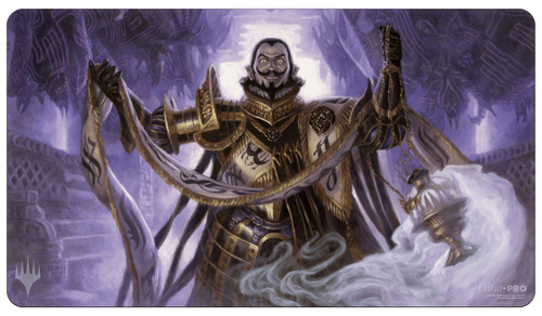 Ultra Pro Standard Playmat for Magic: The Gathering: The Lost Caverns of Ixalan : Clavileño, First of the Blessed - Playmat featuring armored warrior in gold and purple robes holding a glowing scroll, mystical mist swirling below.