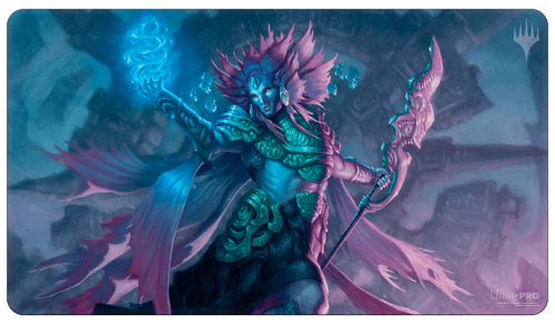 Ultra Pro Standard Playmat for Magic: The Gathering: The Lost Caverns of Ixalan : Hakbal of the Surging Soul - The Gathering playmat featuring a blue and purple armored sorcerer holding a glowing orb and staff, set against a misty cave