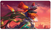 Ultra Pro Standard Playmat for Magic: The Gathering: The Lost Caverns of Ixalan : Sun-Favored - Colorful dragon with orange feathers and purple scales against a vibrant pink and orange sunset background on a rectangular.