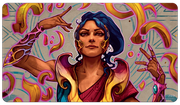 Ultra Pro Standard Playmat for Magic: The Gathering: The Lost Caverns of Ixalan : Saheeli, the Sun’s Brilliance - Colorful playmat featuring a confident woman with blue hair and glowing mechanical arms surrounded by pink and gold swirling