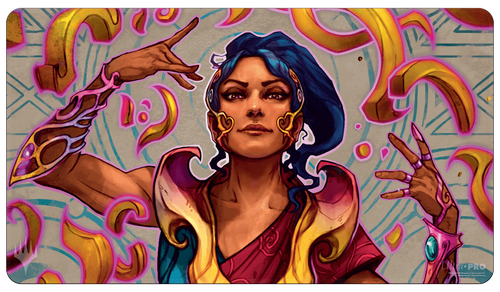 Ultra Pro Standard Playmat for Magic: The Gathering: The Lost Caverns of Ixalan : Saheeli, the Sun’s Brilliance - Colorful playmat featuring a confident woman with blue hair and glowing mechanical arms surrounded by pink and gold swirling