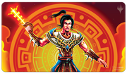 Ultra Pro Standard Playmat for Magic: The Gathering: The Lost Caverns of Ixalan : Kellan, Daring Traveler - The Gathering playmat featuring Kellan, Daring Traveler with vibrant orange and red circular tribal pattern background and.