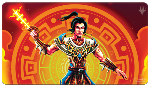 Ultra Pro Standard Playmat for Magic: The Gathering: The Lost Caverns of Ixalan : Kellan, Daring Traveler - The Gathering playmat featuring Kellan, Daring Traveler with vibrant orange and red circular tribal pattern background and.