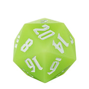 Giant Bouncy D20 - Glow In The Dark Green - Large green twenty-sided dice with white numbers, glowing surface with smooth matte finish.