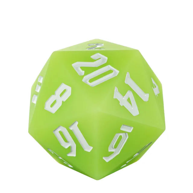Giant Bouncy D20 - Glow In The Dark Green - Large green twenty-sided dice with white numbers, glowing surface with smooth matte finish.