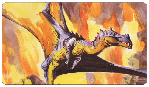 Ultra Pro Standard Playmat for Magic: The Gathering: The Lost Caverns of Ixalan : Bonehoard Dracosaur - The Gathering playmat featuring a brown and orange dracosaur with large wings against a fiery yellow and orange background.