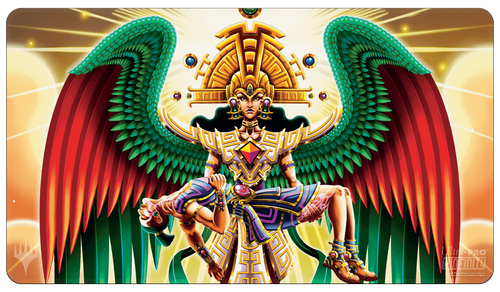 Ultra Pro Standard Playmat for Magic: The Gathering: The Lost Caverns of Ixalan : Resplendent Angel - The Gathering playmat featuring a vibrant, detailed angel with red and green wings and golden tribal headdress on a golden.
