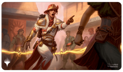 Playmat: Magic the Gathering: Murders at Karlov Manor Nelly Borca, Impulsive Accuser - Playmat featuring fantasy artwork of a fiery female warrior in white and red armor pointing and summoning lightning in a.