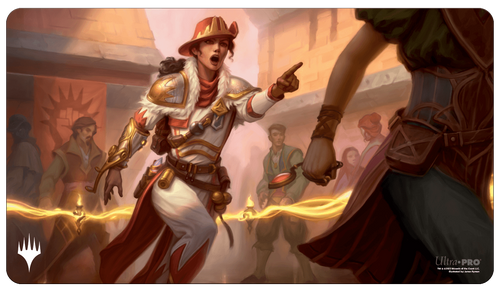 Playmat: Magic the Gathering: Murders at Karlov Manor Nelly Borca, Impulsive Accuser - Playmat featuring fantasy artwork of a fiery female warrior in white and red armor pointing and summoning lightning in a.
