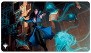 Playmat: Magic the Gathering: Murders at Karlov Manor: Mirko, Obsessive Theorist - Playmat featuring a dark magical library scene with a robed figure casting blue glowing spells among floating books and.