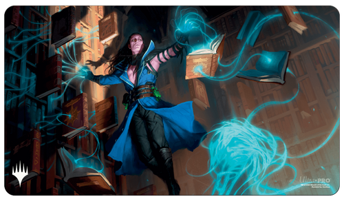 Playmat: Magic the Gathering: Murders at Karlov Manor: Mirko, Obsessive Theorist - Playmat featuring a dark magical library scene with a robed figure casting blue glowing spells among floating books and.