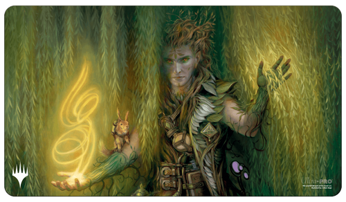 Playmat: Magic the Gathering: Murders at Karlov Manor: Kaust, Eyes of the Glade - Green and brown fantasy-themed playmat featuring a mystical forest figure with glowing magic in hand and a small squirrel.