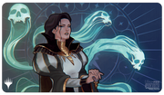 Playmat: Magic the Gathering: Murders at Karlov Manor: AR Enhanced Black Stitched - Rectangular playmat featuring a dark blue background with a serious woman in black and white medieval attire, surrounded by.