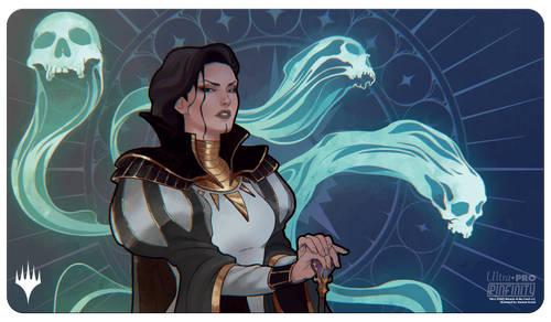 Playmat: Magic the Gathering: Murders at Karlov Manor: AR Enhanced Black Stitched - Rectangular playmat featuring a dark blue background with a serious woman in black and white medieval attire, surrounded by.