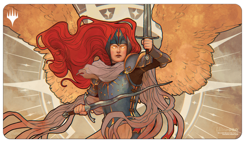 Playmat: Magic the Gathering: Murders at Karlov Manor: Aurelia, the Law Above - Rectangular playmat featuring fantasy art of a red-haired armored female warrior with large golden wings and a raised sword.