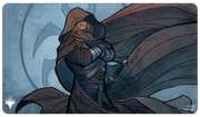 Playmat: Magic the Gathering: Murders at Karlov Manor: Lazav, Wearer of Faces - Gaming playmat featuring a dark cloaked figure with a hood, folded arms, and shadowy wings against a blue-gray mystical.