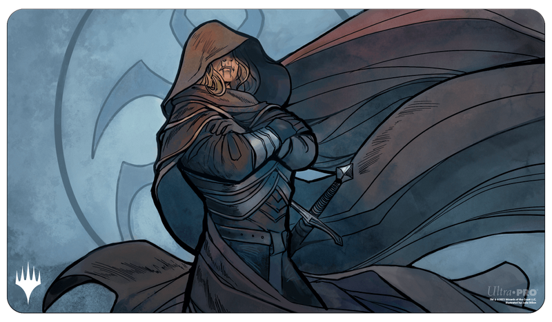 Playmat: Magic the Gathering: Murders at Karlov Manor: Lazav, Wearer of Faces - Gaming playmat featuring a dark cloaked figure with a hood, folded arms, and shadowy wings against a blue-gray mystical.