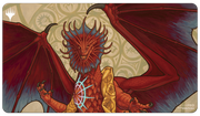 Playmat: Magic the Gathering: Murders at Karlov Manor: Niv-Mizzet, Guildpact - Red dragon with detailed scales and glowing blue runes on its chest on a beige patterned playmat background.