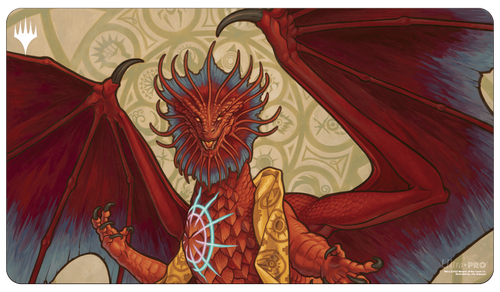 Playmat: Magic the Gathering: Murders at Karlov Manor: Niv-Mizzet, Guildpact - Red dragon with detailed scales and glowing blue runes on its chest on a beige patterned playmat background.