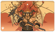 Playmat: Magic the Gathering: Murders at Karlov Manor: Rakdos, Patron of Chaos - Fantasy-themed playmat featuring a muscular demon with large wings, black horns, and spiked armor holding a fiery mace.