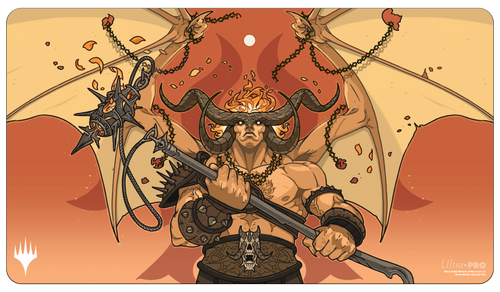 Playmat: Magic the Gathering: Murders at Karlov Manor: Rakdos, Patron of Chaos - Fantasy-themed playmat featuring a muscular demon with large wings, black horns, and spiked armor holding a fiery mace.