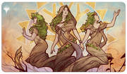Playmat: Magic the Gathering: Murders at Karlov Manor: Trostani, Three Whispers - Rectangular playmat with stylized art of three robed women adorned with ivy, set against a geometric sunburst background in.