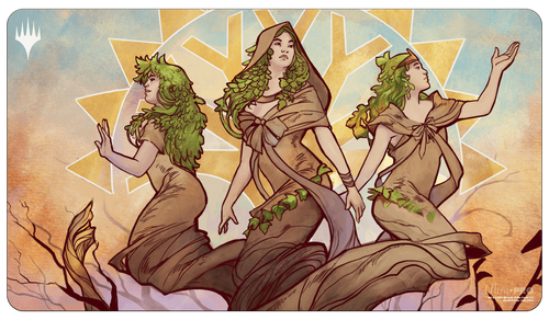 Playmat: Magic the Gathering: Murders at Karlov Manor: Trostani, Three Whispers - Rectangular playmat with stylized art of three robed women adorned with ivy, set against a geometric sunburst background in.