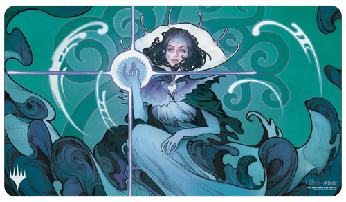Playmat: Magic the Gathering: Murders at Karlov Manor: Vannifar, Evolved Enigma - Rectangular playmat with teal and dark green swirling patterns, featuring a central figure of a woman in flowing robes.