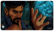 Playmat: Magic the Gathering: Murders at Karlov Manor: Alquist Proft, Master Sleuth Dossier - Rectangular gaming playmat featuring a dark-haired man with a beard casting a glowing blue magical cube, detailed with rich.