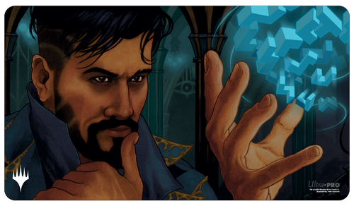 Playmat: Magic the Gathering: Murders at Karlov Manor: Alquist Proft, Master Sleuth Dossier - Rectangular gaming playmat featuring a dark-haired man with a beard casting a glowing blue magical cube, detailed with rich.
