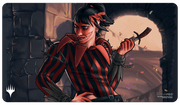 Playmat: Magic the Gathering: Murders at Karlov Manor: Massacre Girl, Known Killer - Playmat featuring a dark-haired woman in red and black striped shirt holding a curved dagger, set against a dimly lit stone.