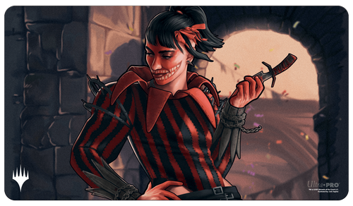 Playmat: Magic the Gathering: Murders at Karlov Manor: Massacre Girl, Known Killer - Playmat featuring a dark-haired woman in red and black striped shirt holding a curved dagger, set against a dimly lit stone.