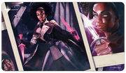 Playmat: Magic the Gathering: Murders at Karlov Manor: Kaya, Spirits' Justice - Fantasy-themed playmat featuring a dark-skinned female warrior holding a glowing sword, set against a moody, purple-toned.