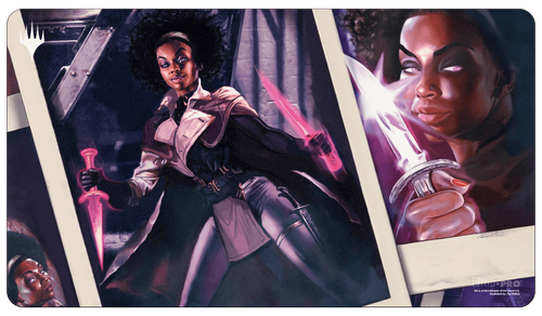 Playmat: Magic the Gathering: Murders at Karlov Manor: Kaya, Spirits' Justice - Fantasy-themed playmat featuring a dark-skinned female warrior holding a glowing sword, set against a moody, purple-toned.