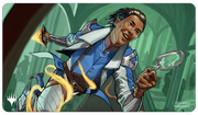 Playmat: Magic the Gathering: Murders at Karlov Manor: Kellan, Inquisitive Prodigy - Playmat featuring a dynamic character with dark hair in a blue and white outfit, holding a magnifying glass, set against a.