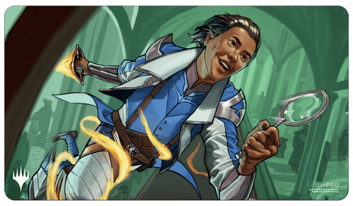 Playmat: Magic the Gathering: Murders at Karlov Manor: Kellan, Inquisitive Prodigy - Playmat featuring a dynamic character with dark hair in a blue and white outfit, holding a magnifying glass, set against a.