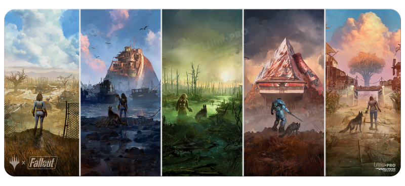 Ultra Pro 6ft Table Playmat - MTG Universes Beyond Fallout - Wasteland Basic Lands Medley - Six-panel playmat featuring colorful Fallout-themed landscapes with characters and iconic wasteland scenery.