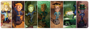 Ultra Pro 8ft Table Playmat - MTG Universes Beyond Fallout - S.P.E.C.I.A.L. Bobbleheads - Set of seven collectible bobbleheads featuring Vault Boy characters dressed in various themed outfits on individual display.