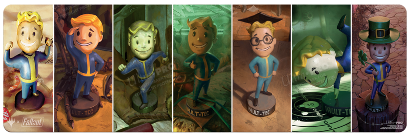 Ultra Pro 8ft Table Playmat - MTG Universes Beyond Fallout - S.P.E.C.I.A.L. Bobbleheads - Set of seven collectible bobbleheads featuring Vault Boy characters dressed in various themed outfits on individual display.