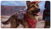 Ultra Pro Playmat - MTG Universes Beyond Fallout - Dogmeat, Ever Loyal - Gaming playmat featuring a detailed German Shepherd dog with a red bandana and leather saddle against a dusty,.