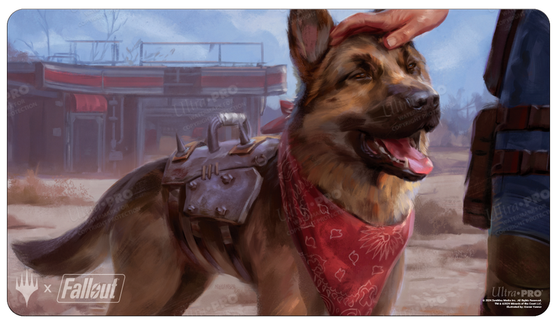 Ultra Pro Playmat - MTG Universes Beyond Fallout - Dogmeat, Ever Loyal - Gaming playmat featuring a detailed German Shepherd dog with a red bandana and leather saddle against a dusty,.