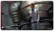 Ultra Pro Playmat - MTG Universes Beyond Fallout - Dr. Madison Li - Playmat featuring Dr. Madison Li in a white lab coat holding a tablet, standing in front of a large, gray, weathered mech.