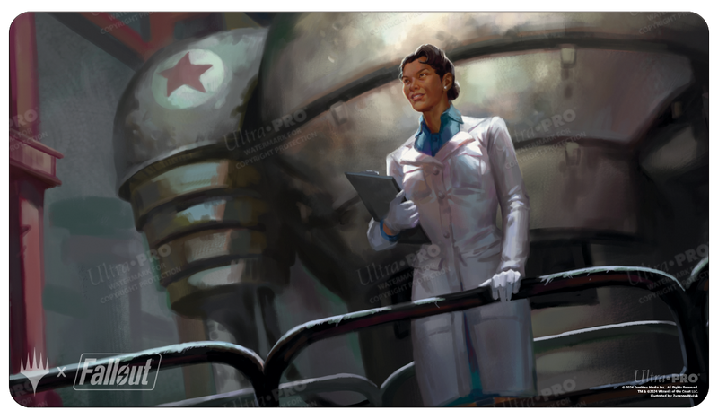 Ultra Pro Playmat - MTG Universes Beyond Fallout - Dr. Madison Li - Playmat featuring Dr. Madison Li in a white lab coat holding a tablet, standing in front of a large, gray, weathered mech.