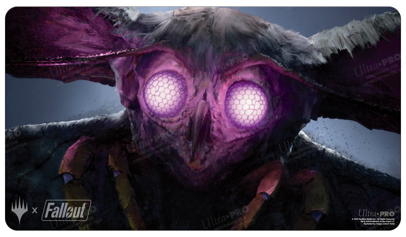 Ultra Pro Playmat - MTG Universes Beyond Fallout - The Wise Mothman - Dark, textured playmat featuring a detailed moth with glowing purple eyes and large wings against a smoky background.